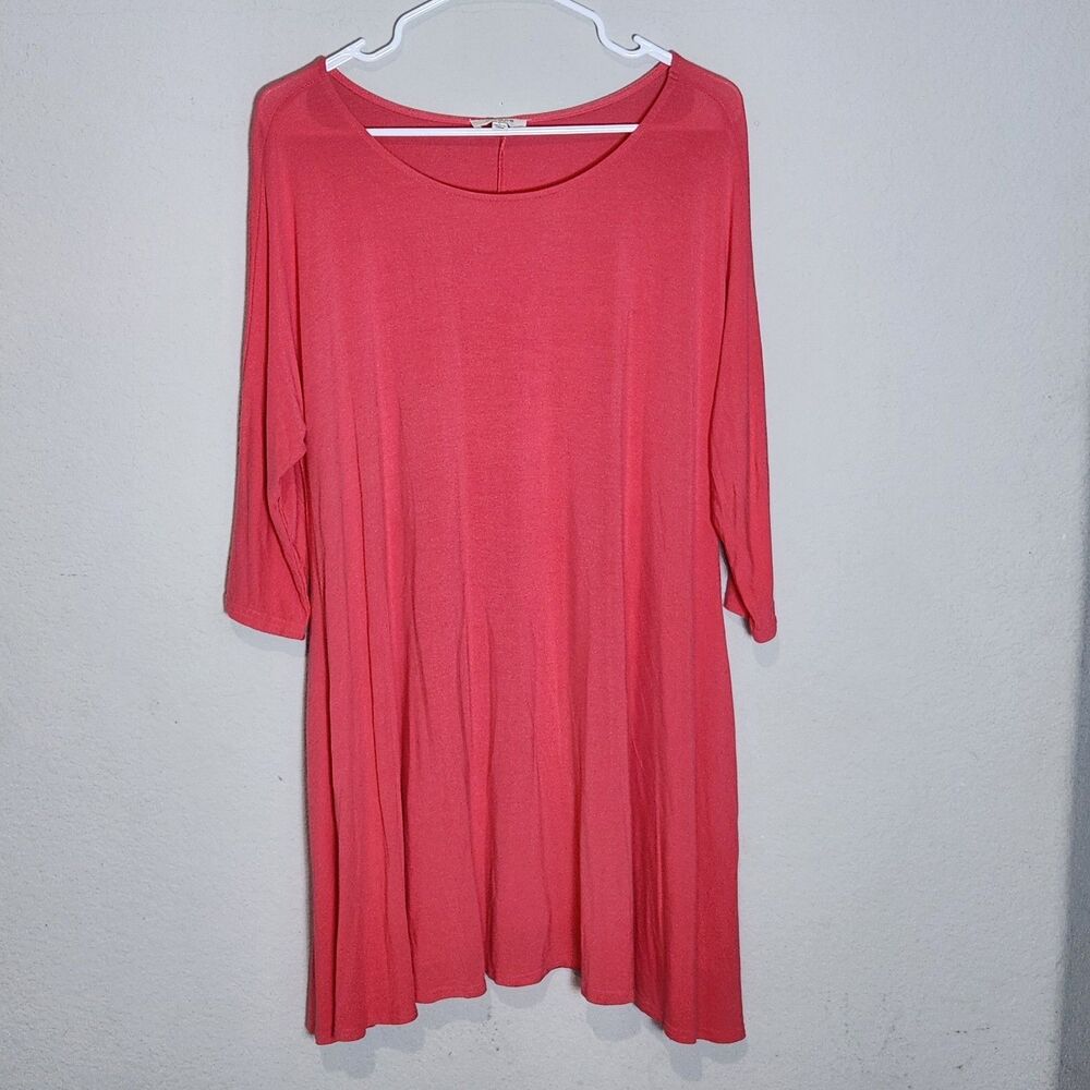 Umgee Coral Swing Dress‎ Women L 3/4 Sleeve Knit Tunic Casual Boho Soft Stretch